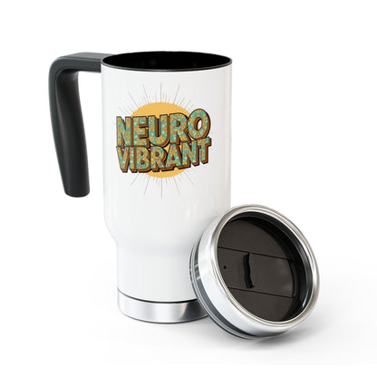 Travel Mug — “NeuroVibrant” Retro Sun Stainless Steel 14oz Travel Mug with Handle - You're My Kind of Weird