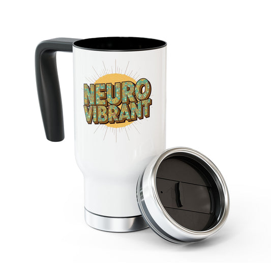 Travel Mug — “NeuroVibrant” Retro Sun Stainless Steel 14oz Travel Mug with Handle - You're My Kind of Weird