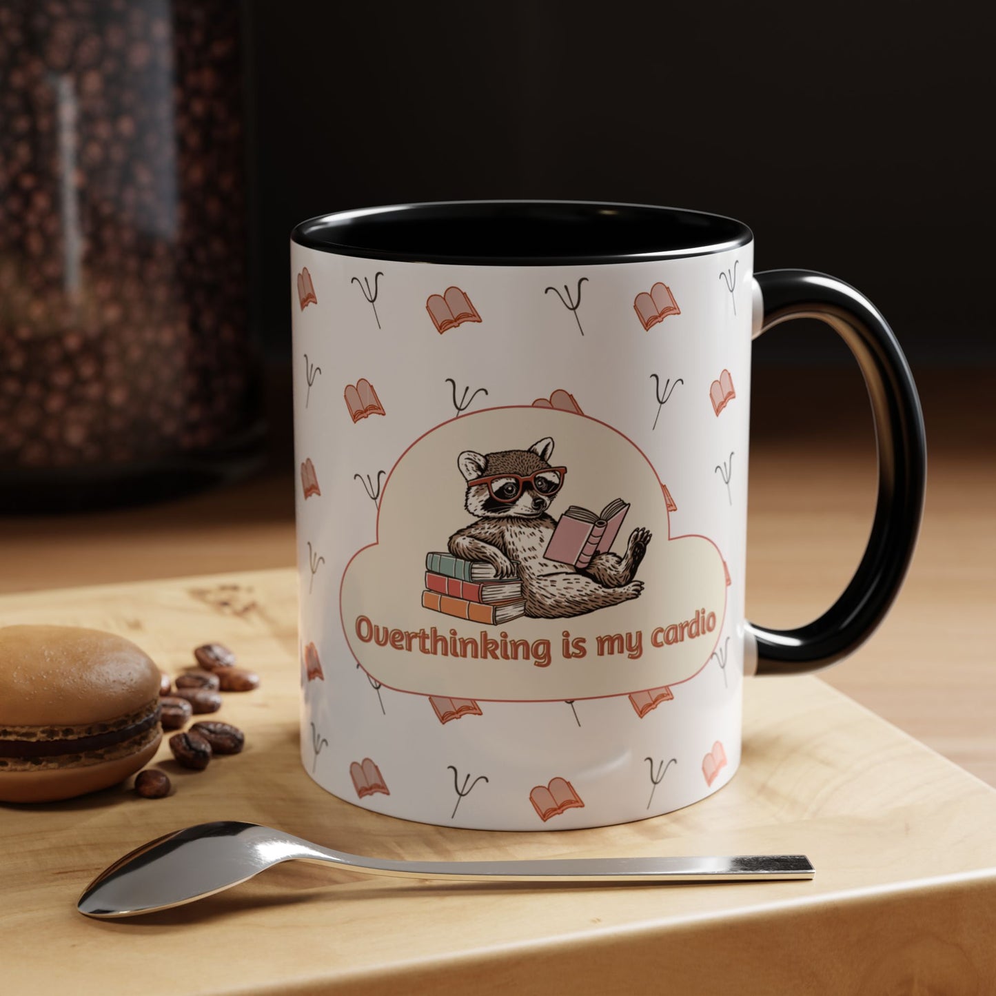 Overthinking Is My Cardio Coffee Mug — Cute Raccoon Reading Accent Mug - You're My Kind of Weird