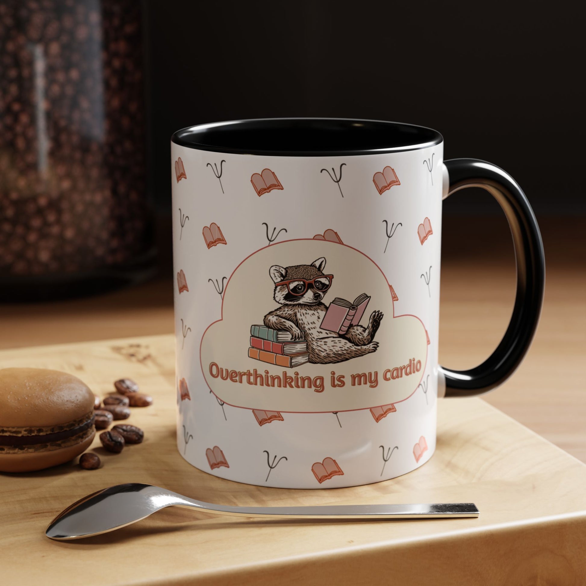 Overthinking Is My Cardio Coffee Mug — Cute Raccoon Reading Accent Mug - You're My Kind of Weird