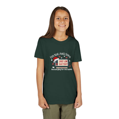 I’m Not Anti-Social, Just Low Battery Kids Christmas Shirt | Funny Holiday Youth Tee | Introvert Christmas Gift for Kids
